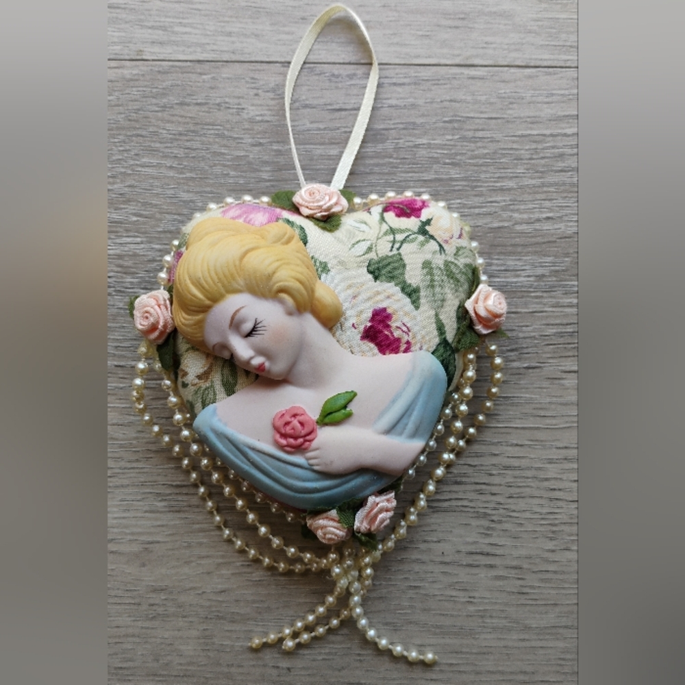 Vintage Victorian Soft Rose Heart  Female Ceramic Christmas Ornament Pearls
